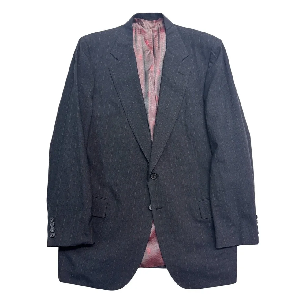 vtg 90s Tom James 46L 37x33 Charcoal Pinstripe 2pc Pant Suit Wool USA Pleated